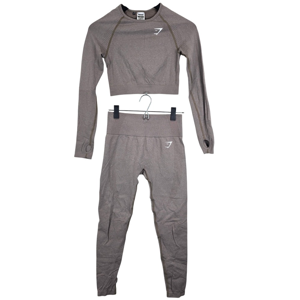Gymshark Vital Seamless 2.0 Set Long Sleeve Crop Top Leggings‎ Taupe Small